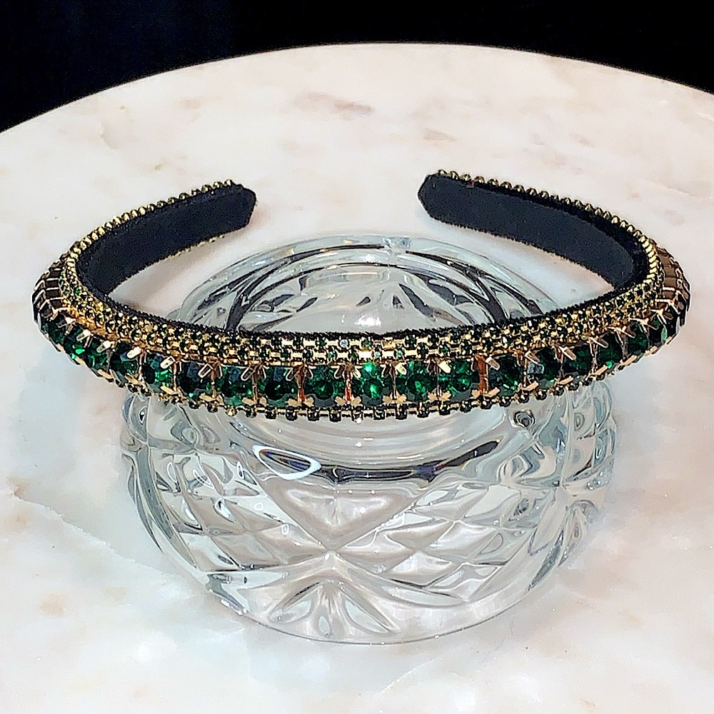 PIPER.K HEAD BAND GREEN RHINESTONES GOLD BLACK FELT NEW HAIR ACCESSORIES